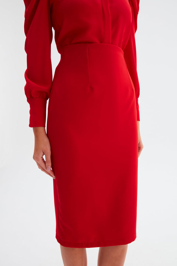 Sateen Jupe Crayon Unie - Rouge