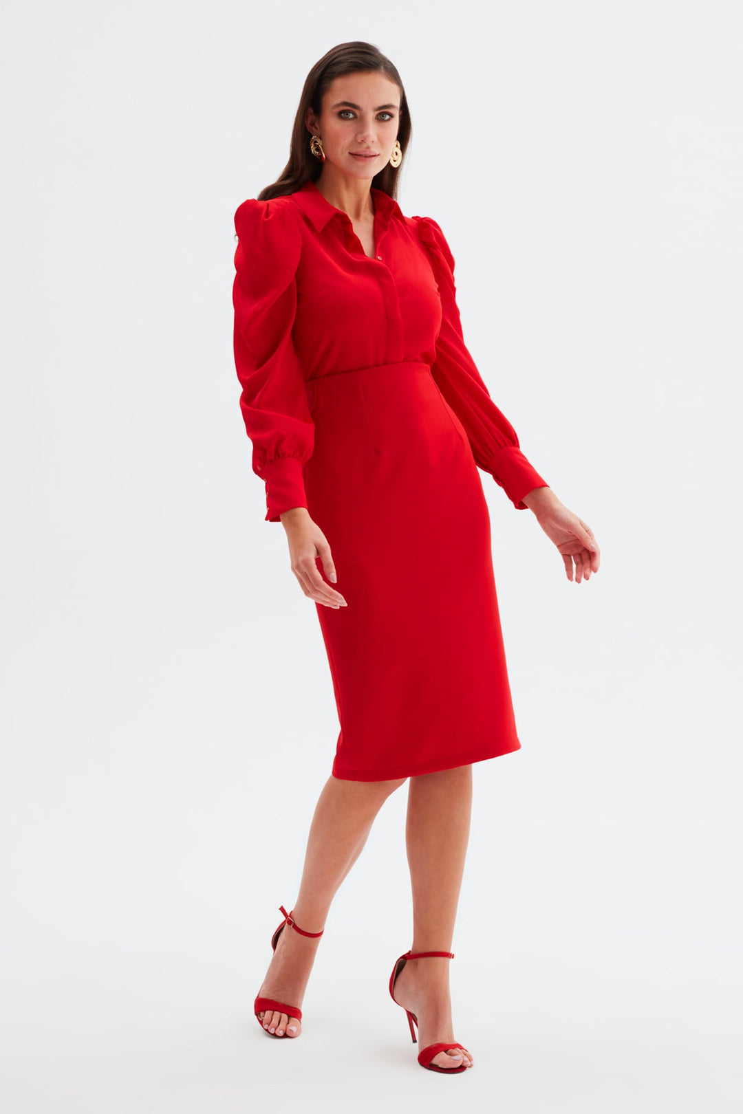 Sateen Jupe Crayon Unie - Rouge