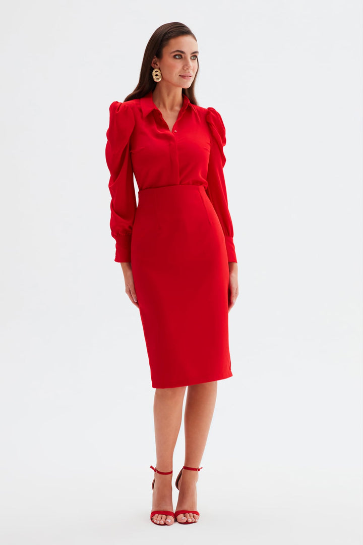 Sateen Jupe Crayon Unie - Rouge