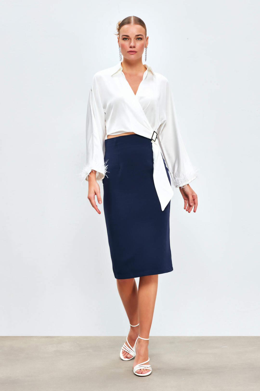 Sateen Jupe crayon droite - Bleu marine
