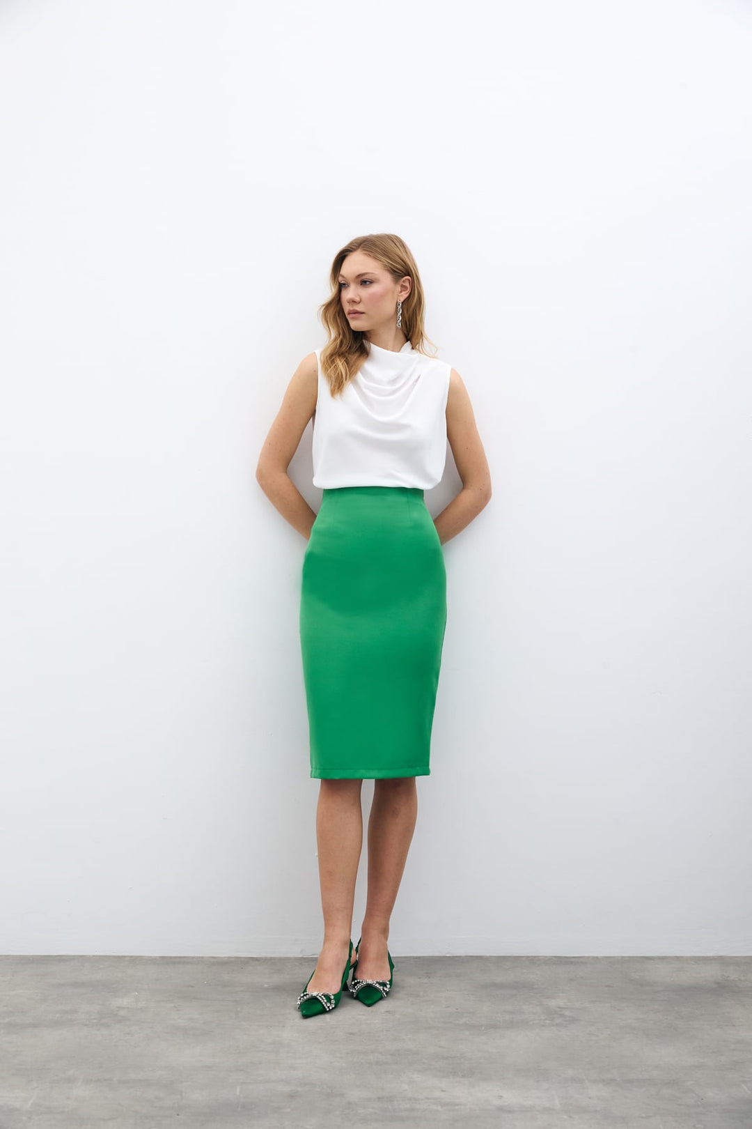 Sateen Jupe Crayon Unie - Vert