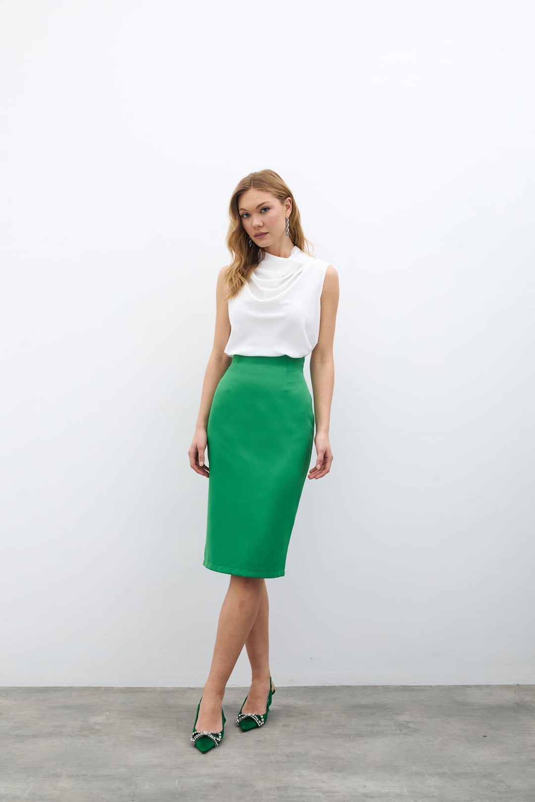Sateen Jupe Crayon Unie - Vert