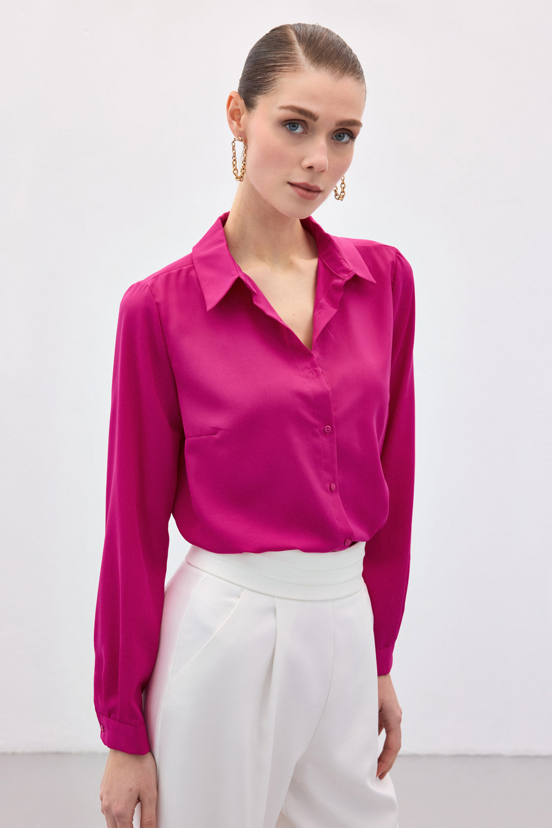 Sateen Chemise classique droite - Fuchsia