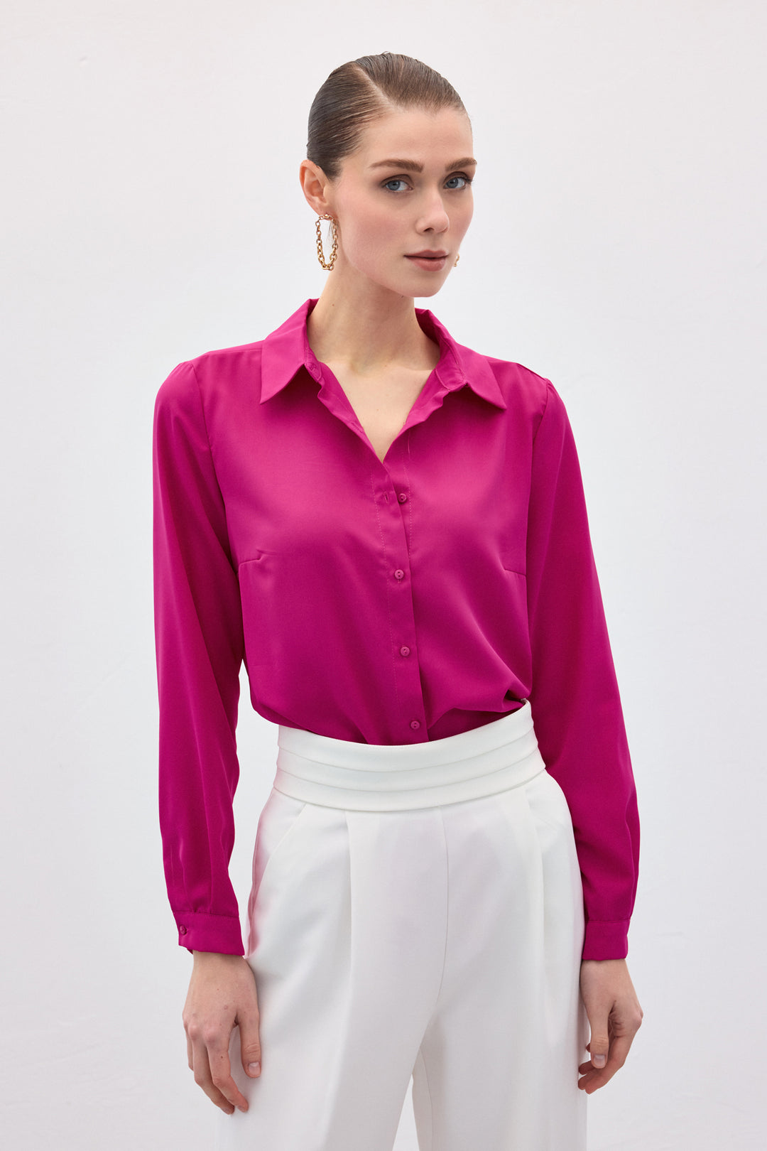 Sateen Chemise classique droite - Fuchsia