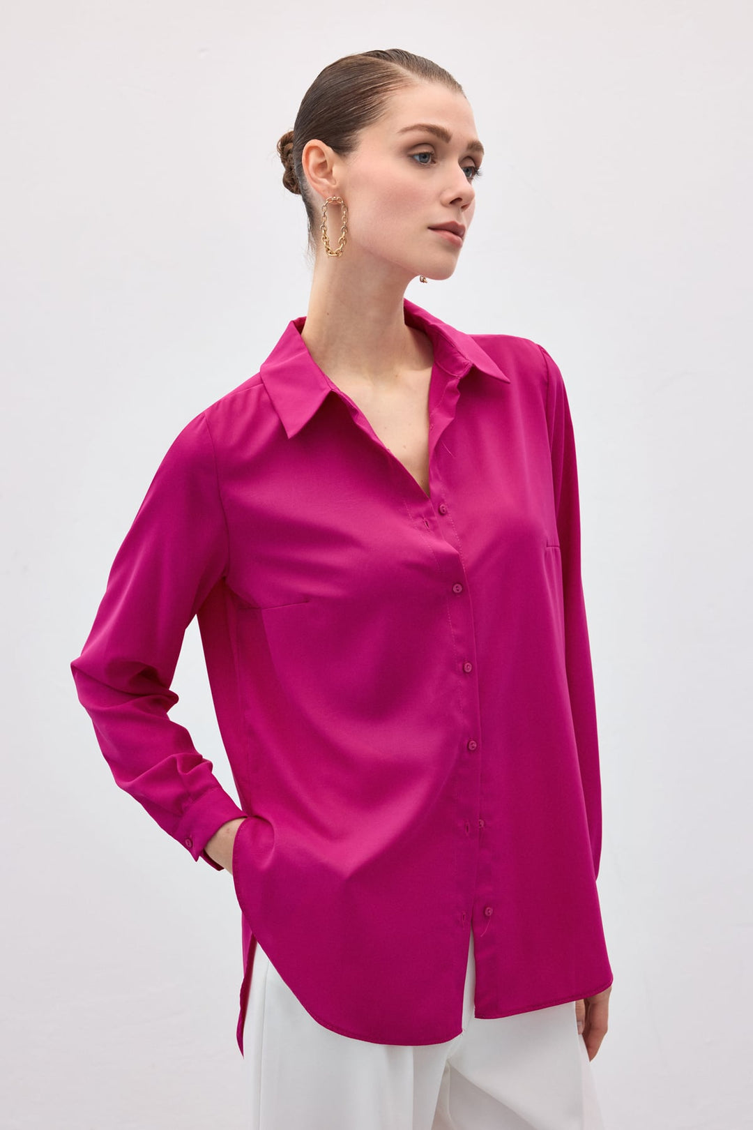 Sateen Chemise classique droite - Fuchsia