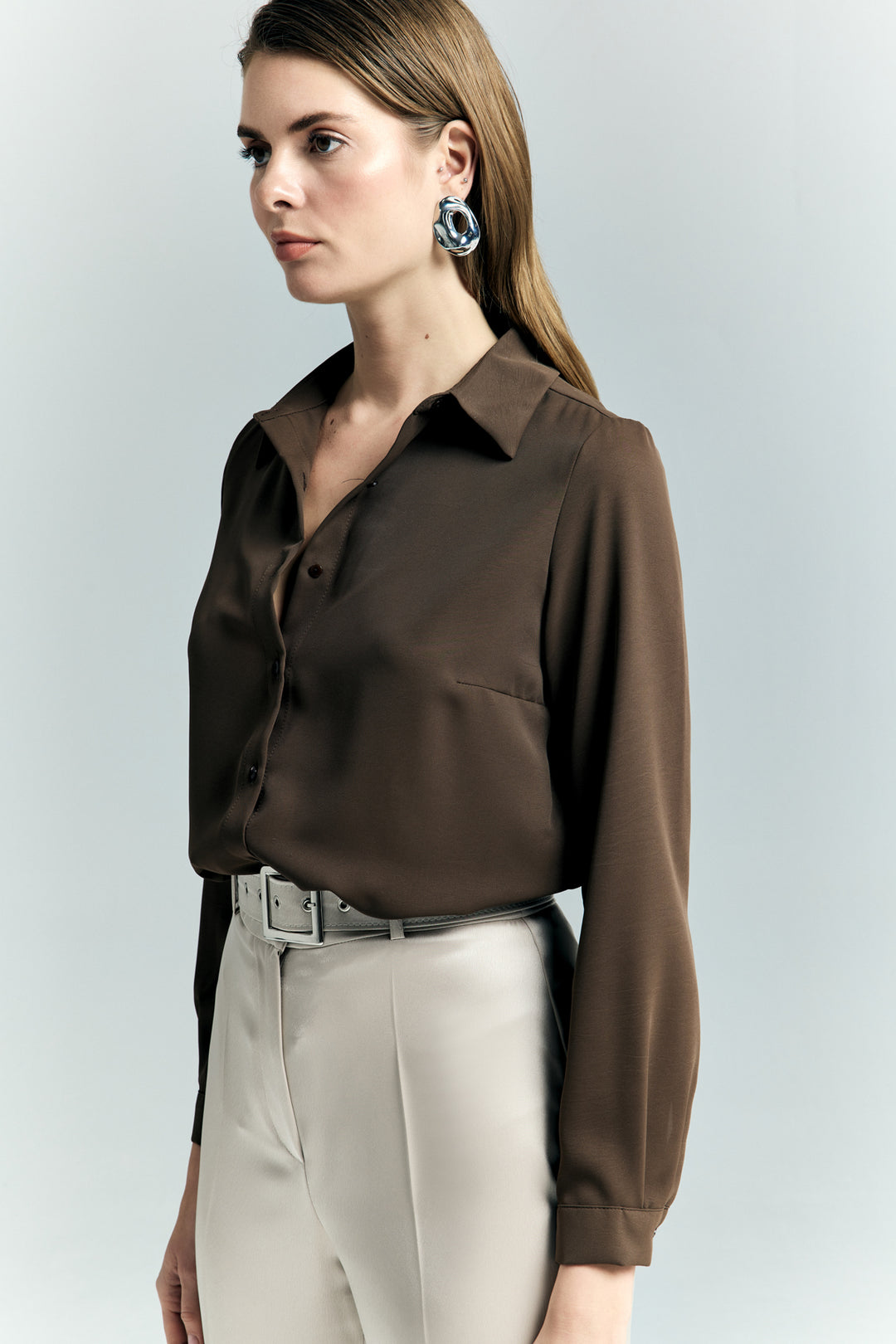 Sateen Chemise classique unie - Marron