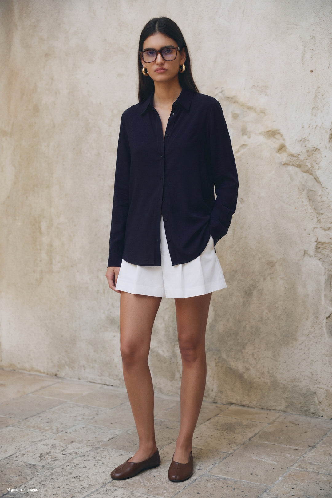 Sateen Chemise classique unie - Bleu marine