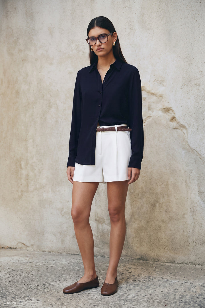 Sateen Chemise classique unie - Bleu marine