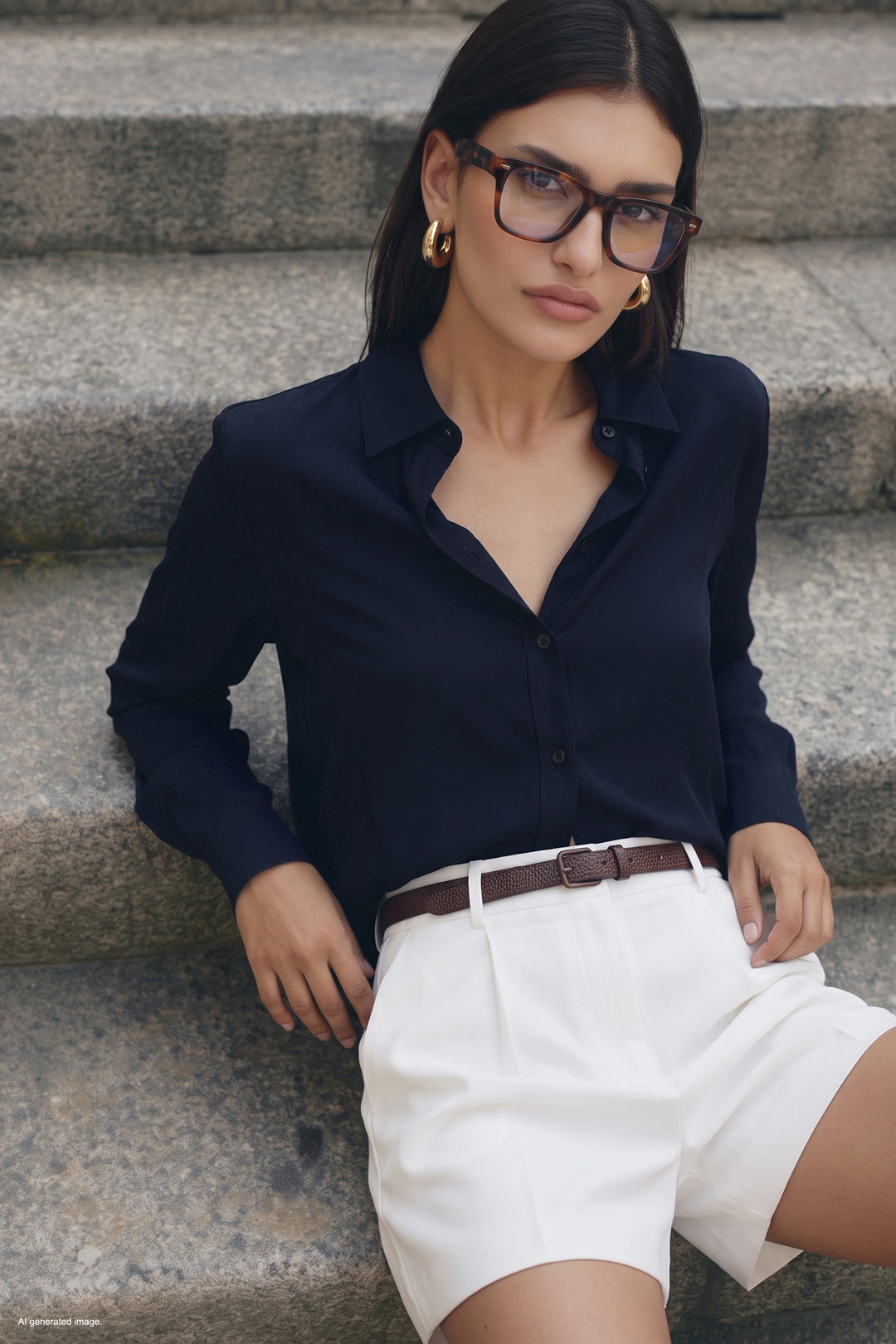 Sateen Chemise classique unie - Bleu marine