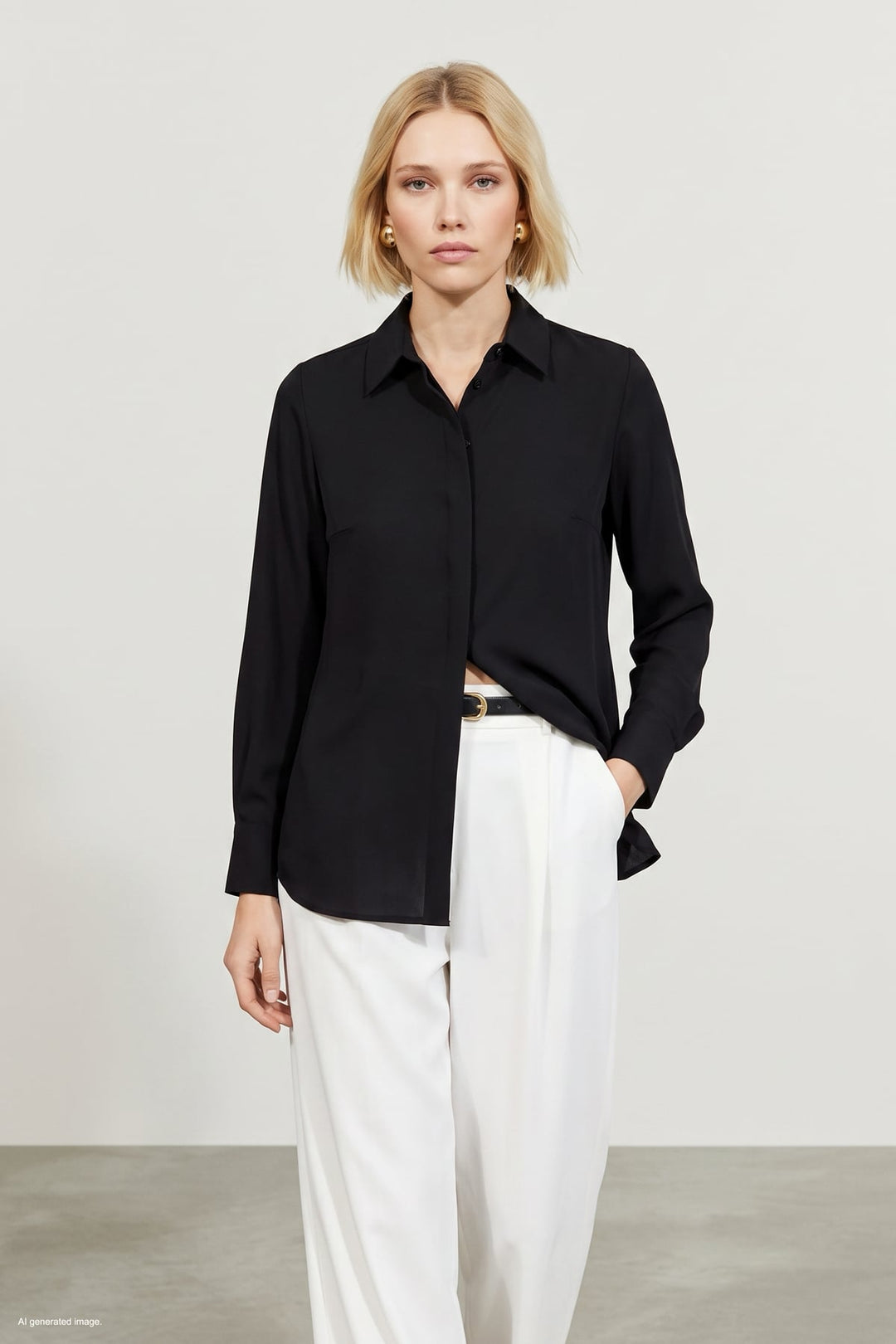 Sateen Chemise Classique Droite - Noir-Noir