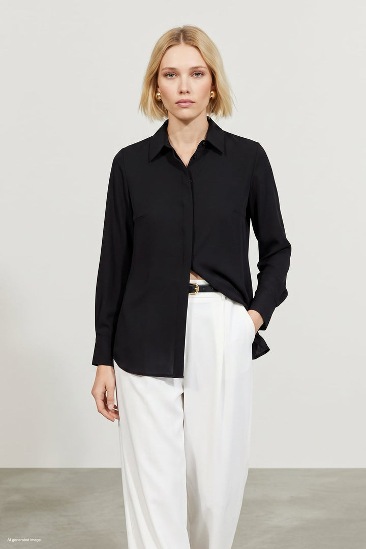 Sateen Chemise Classique Droite - Noir-Noir