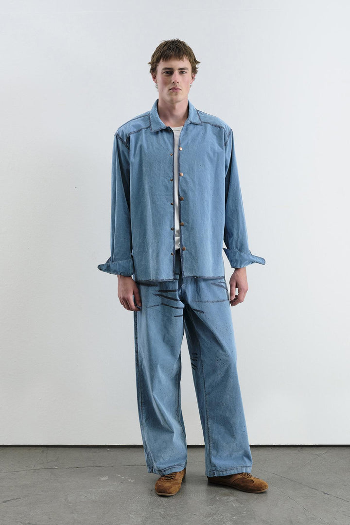 Giesto Chemise en denim bleu avec effet velours - Bleu