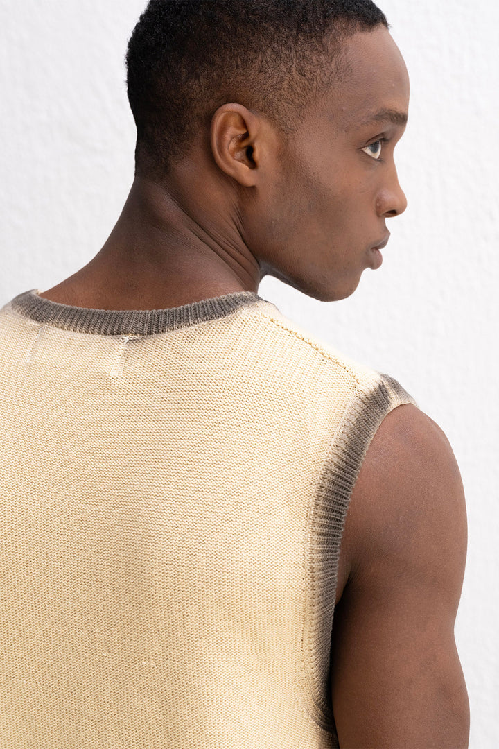 Giesto T-Shirt Beige Sans Manches en Tricot avec Effet - Beige