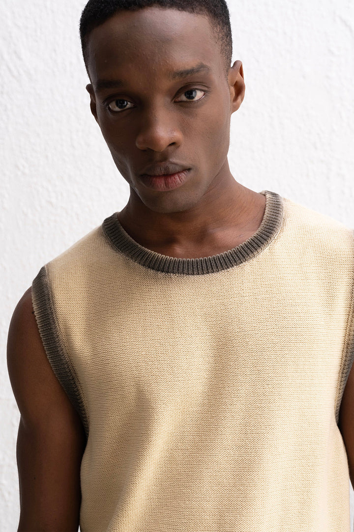 Giesto T-Shirt Beige Sans Manches en Tricot avec Effet - Beige