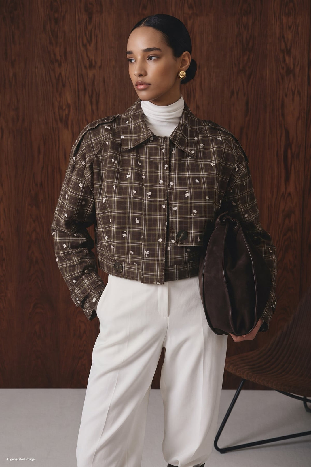 Sateen Trench court à motif écossais - Marron