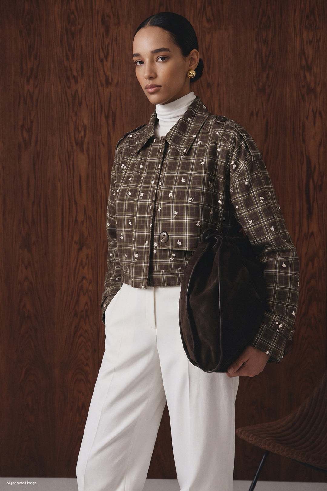 Sateen Trench court à motif écossais - Marron