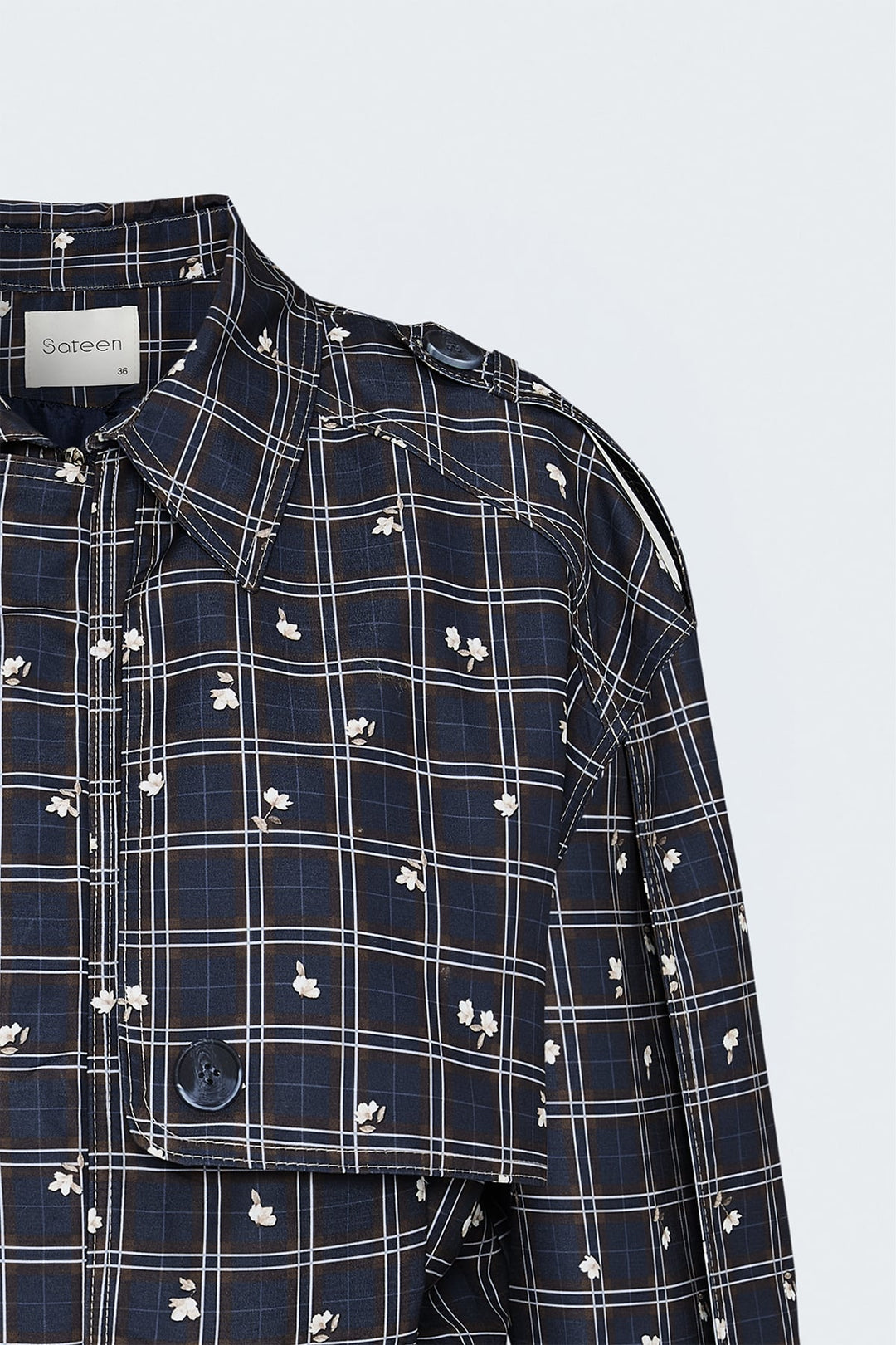 Sateen Trench court à motif écossais - Bleu marine