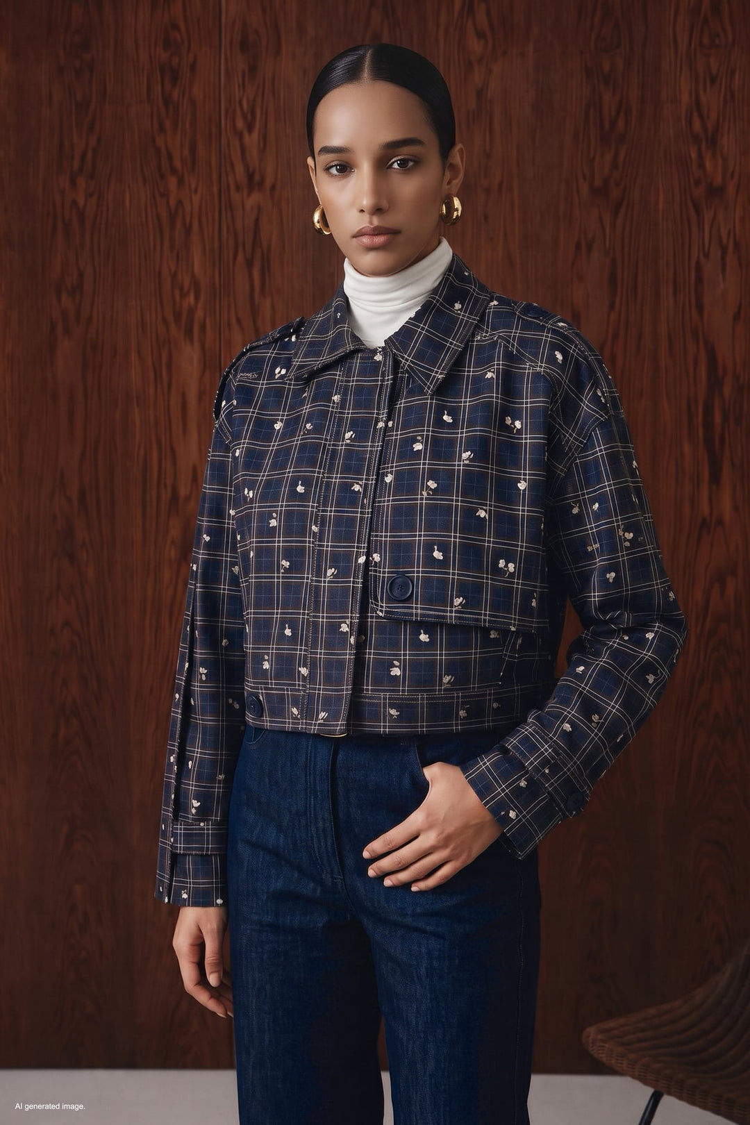 Sateen Trench court à motif écossais - Bleu marine