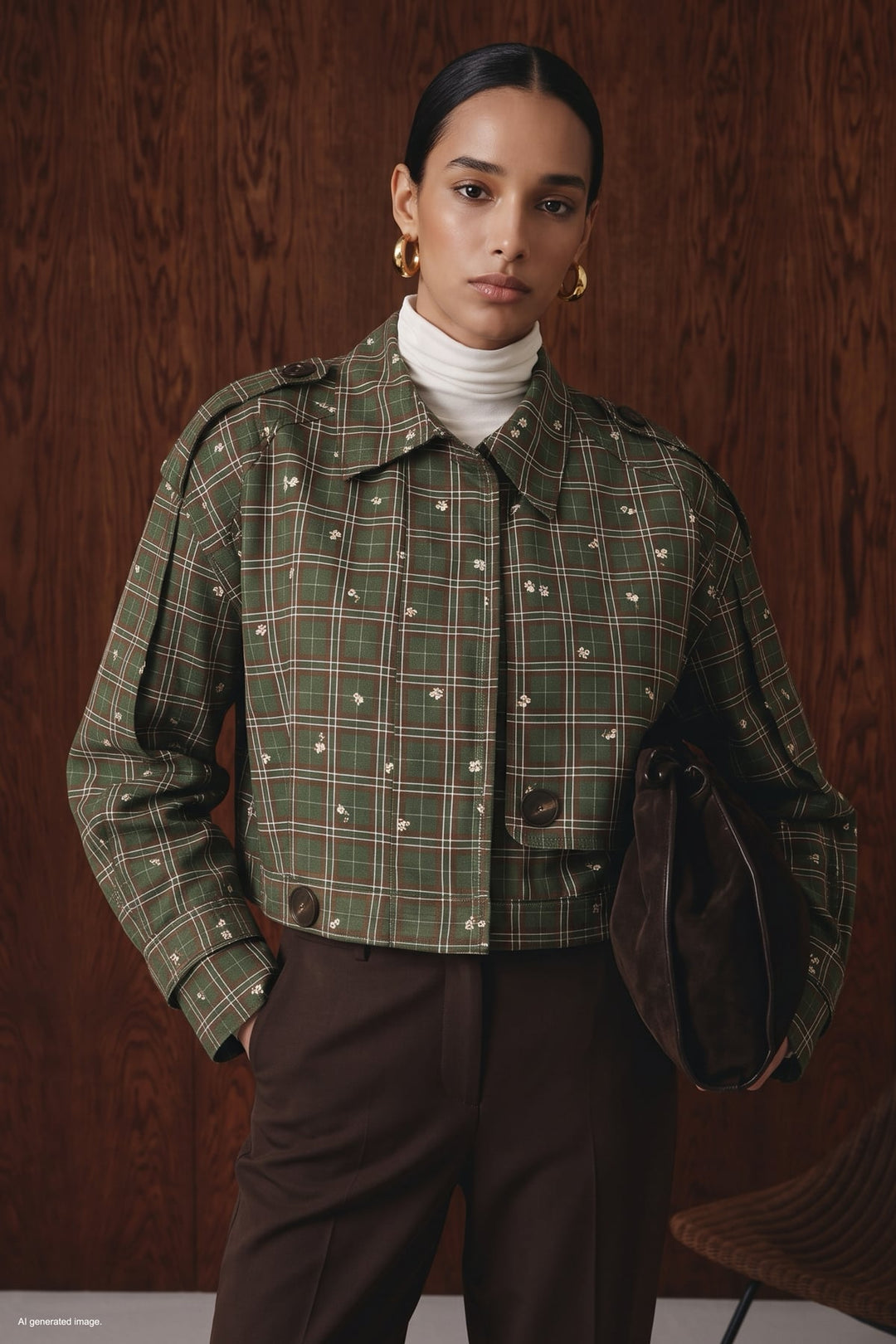 Sateen Trench court à motif écossais - Vert