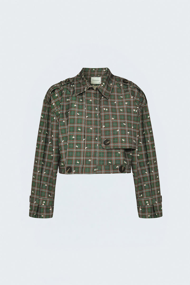 Sateen Trench court à motif écossais - Vert