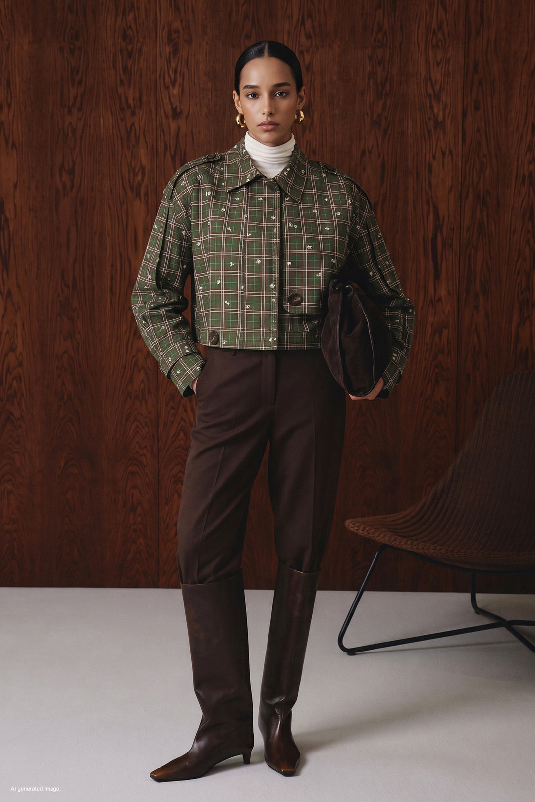 Sateen Trench court à motif écossais - Vert