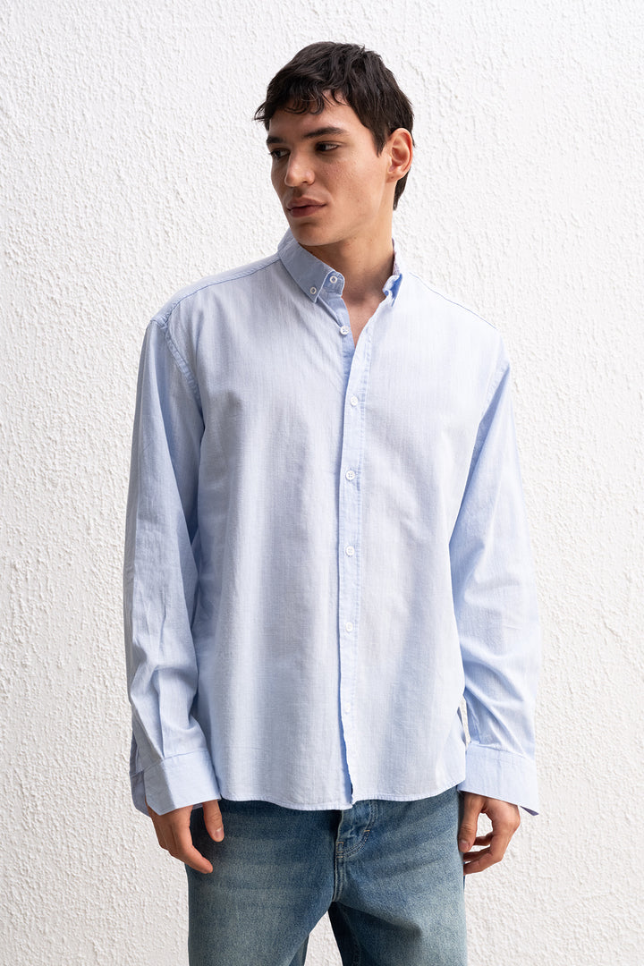 Giesto Chemise Homme Oversize Détendue en Lin Léger - Bleu clair