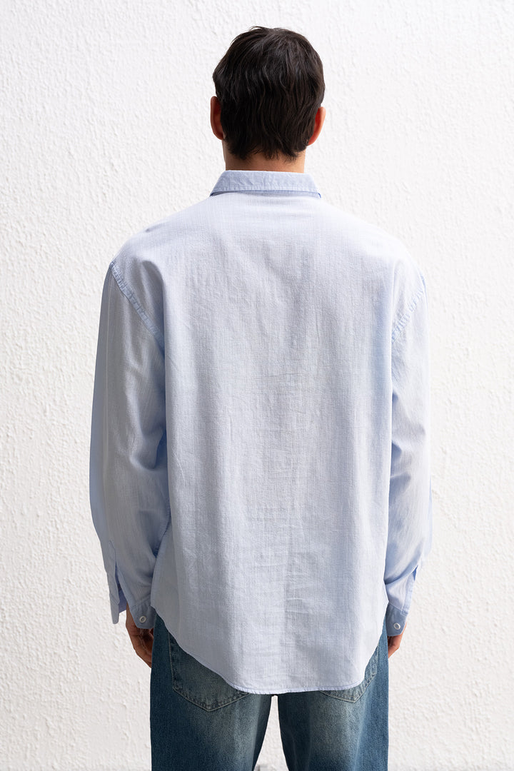 Giesto Chemise Homme Oversize Détendue en Lin Léger - Bleu clair