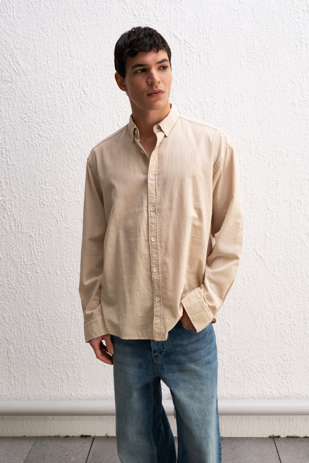 Giesto Chemise Homme Oversize Détendue en Lin Léger - Beige