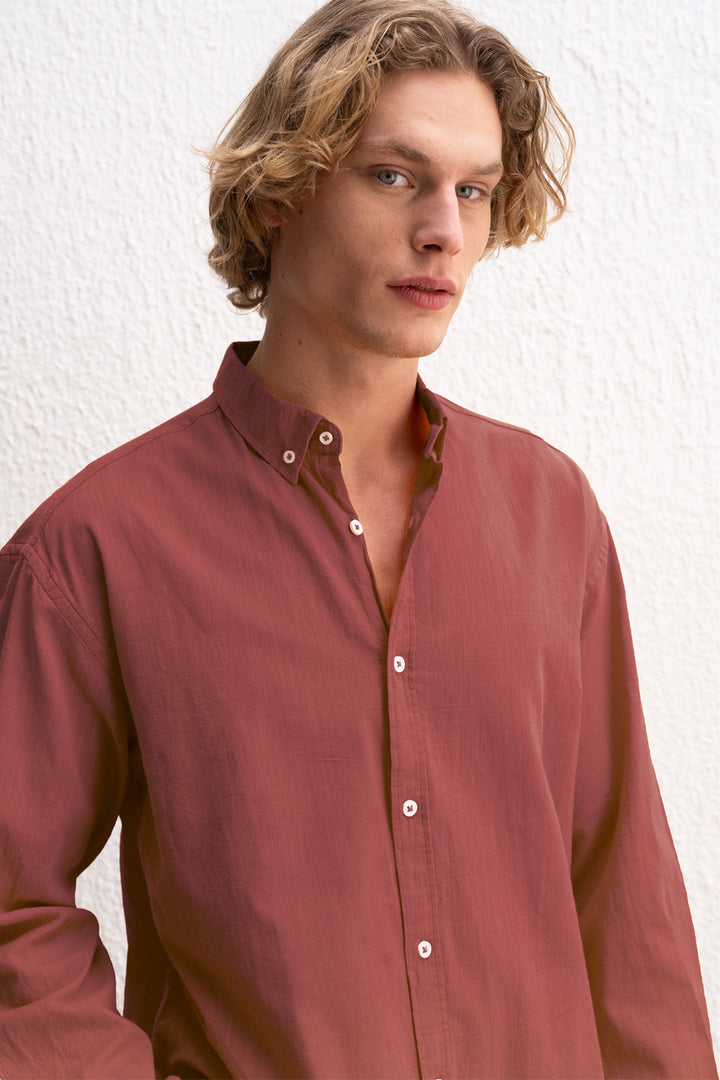 Giesto Chemise pour homme oversize en lin léger - Bordeaux