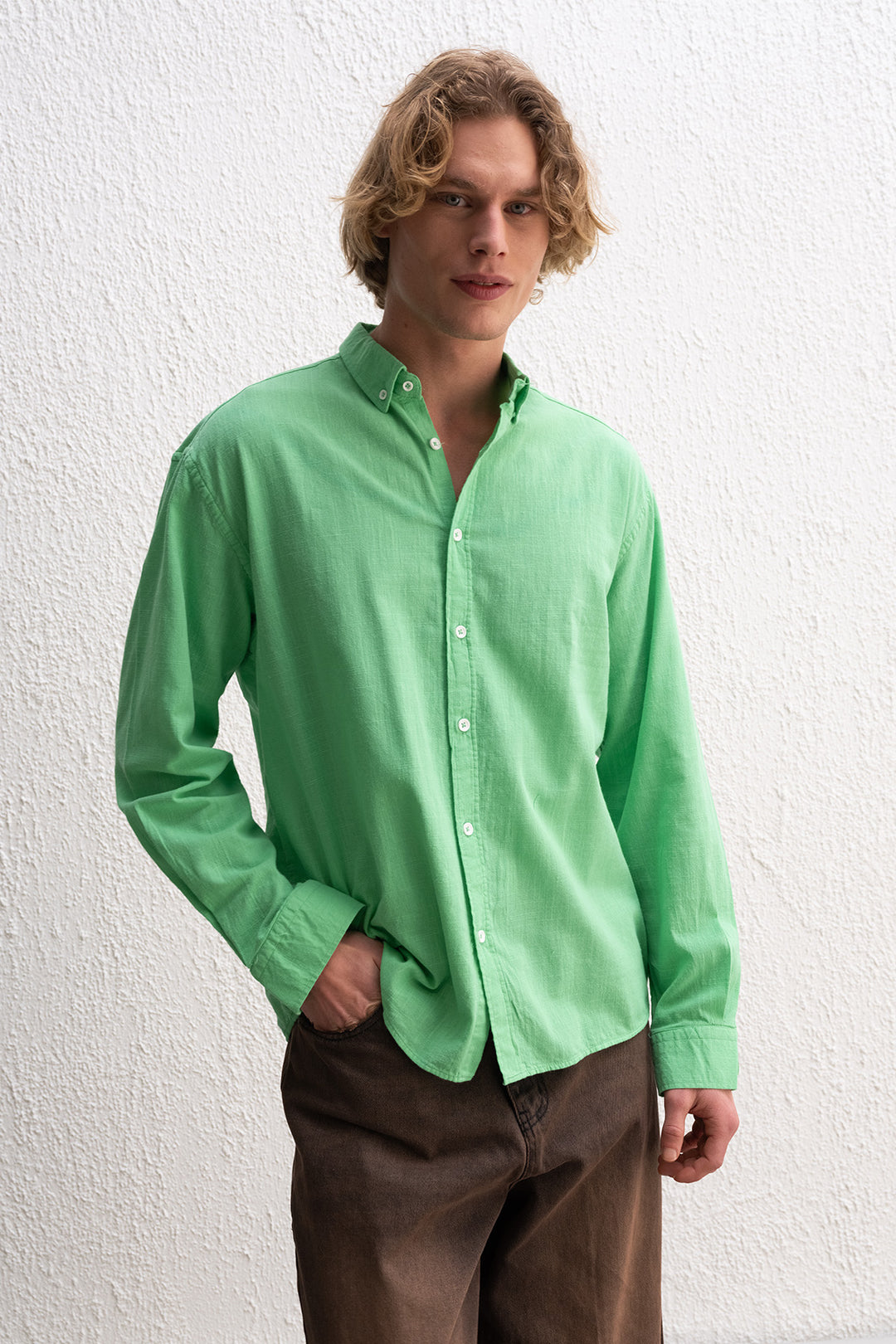 Giesto Chemise Homme Oversize en Lin Léger avec Drape - Vert