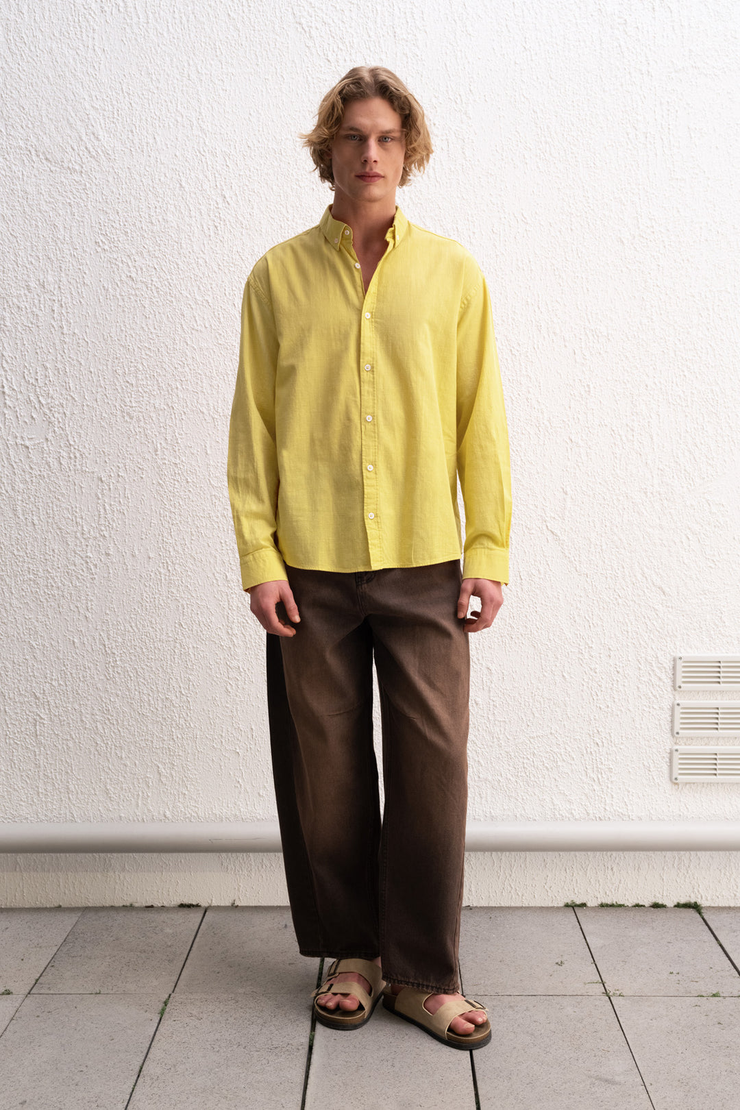 Giesto Chemise pour homme oversize en lin léger - Jaune