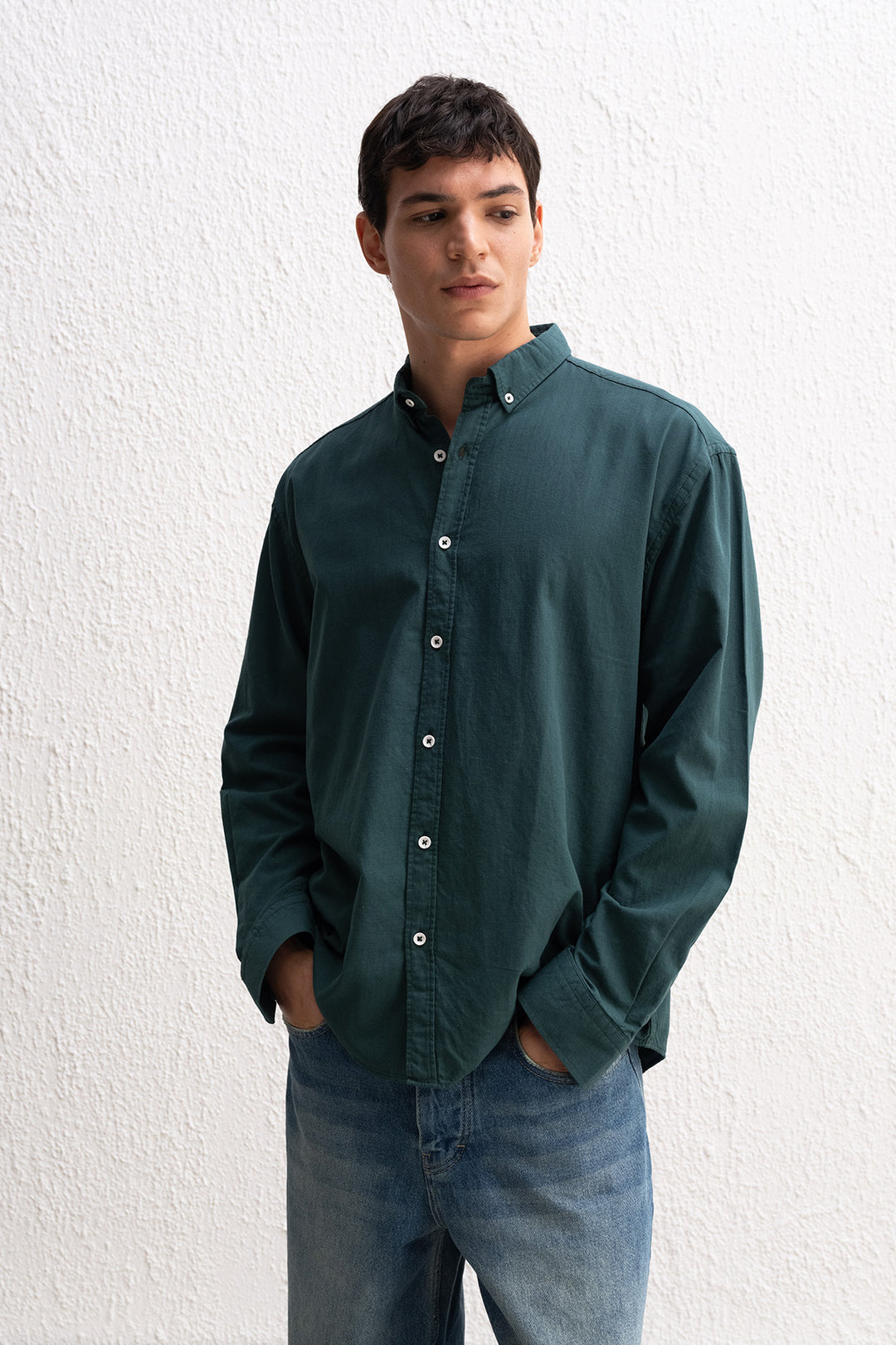 Giesto Chemise Homme Oversize en Lin Léger avec Drape - Vert pétrole