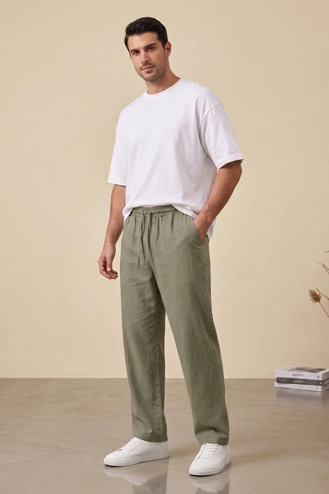 Bigdart Pantalon décontracté en lin pour homme 30118-Kaki