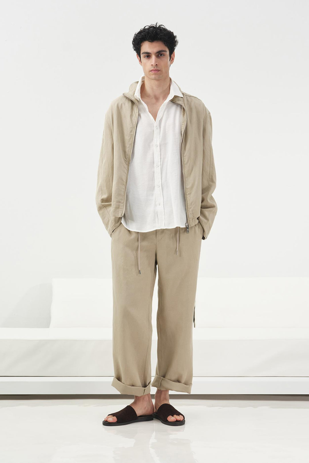 Giesto Veste en lin beige à fermeture éclair Regular Fit - Beige