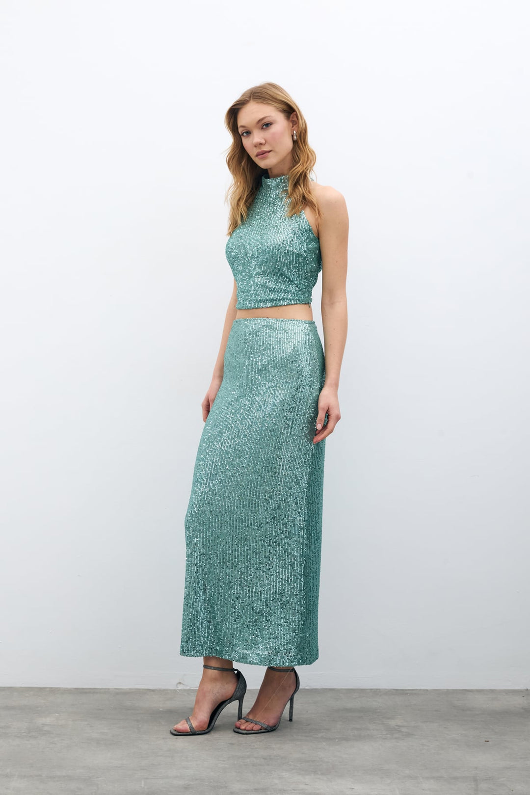 Sateen Jupe midi en tartan avec fermeture éclair - Menthe