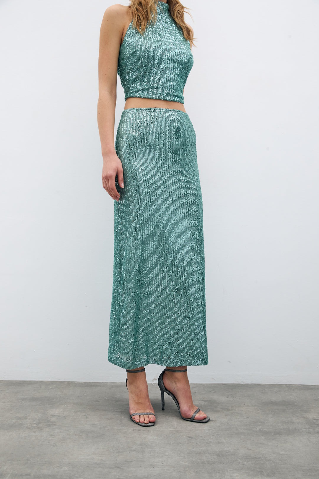 Sateen Jupe midi en tartan avec fermeture éclair - Menthe