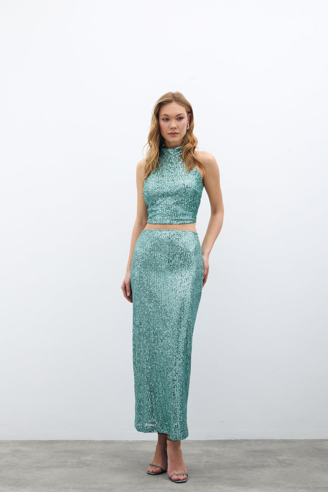 Sateen Jupe midi en tartan avec fermeture éclair - Menthe