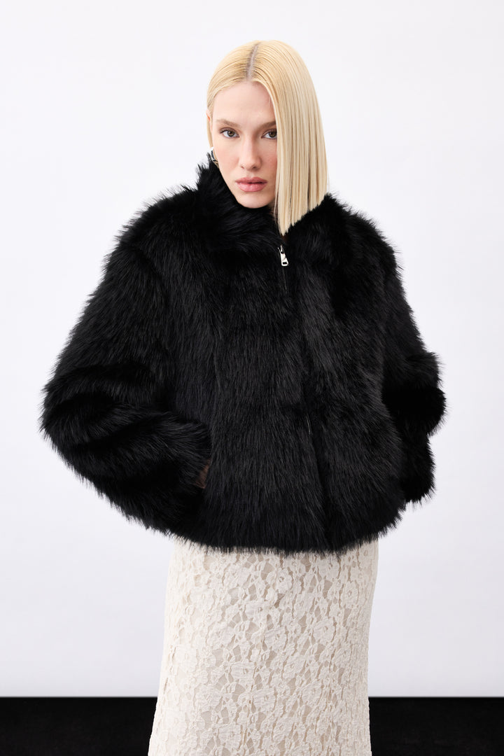 Sateen Veste en fourrure zippée - Noir