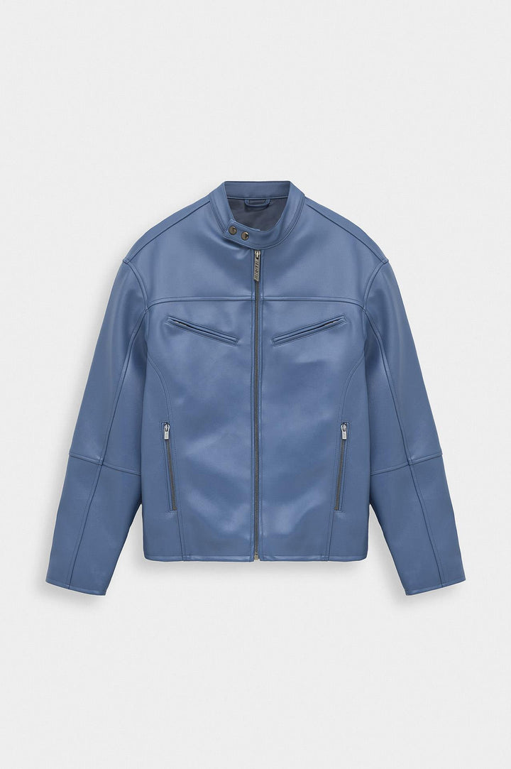 Giesto Veste en cuir bleu marine à panneaux zippés - Bleu