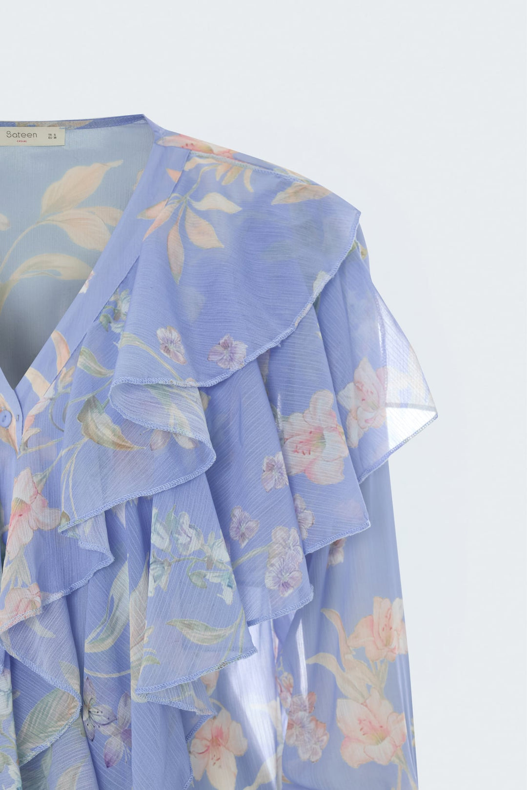 Sateen Chemise à motifs avec volants - Bleu