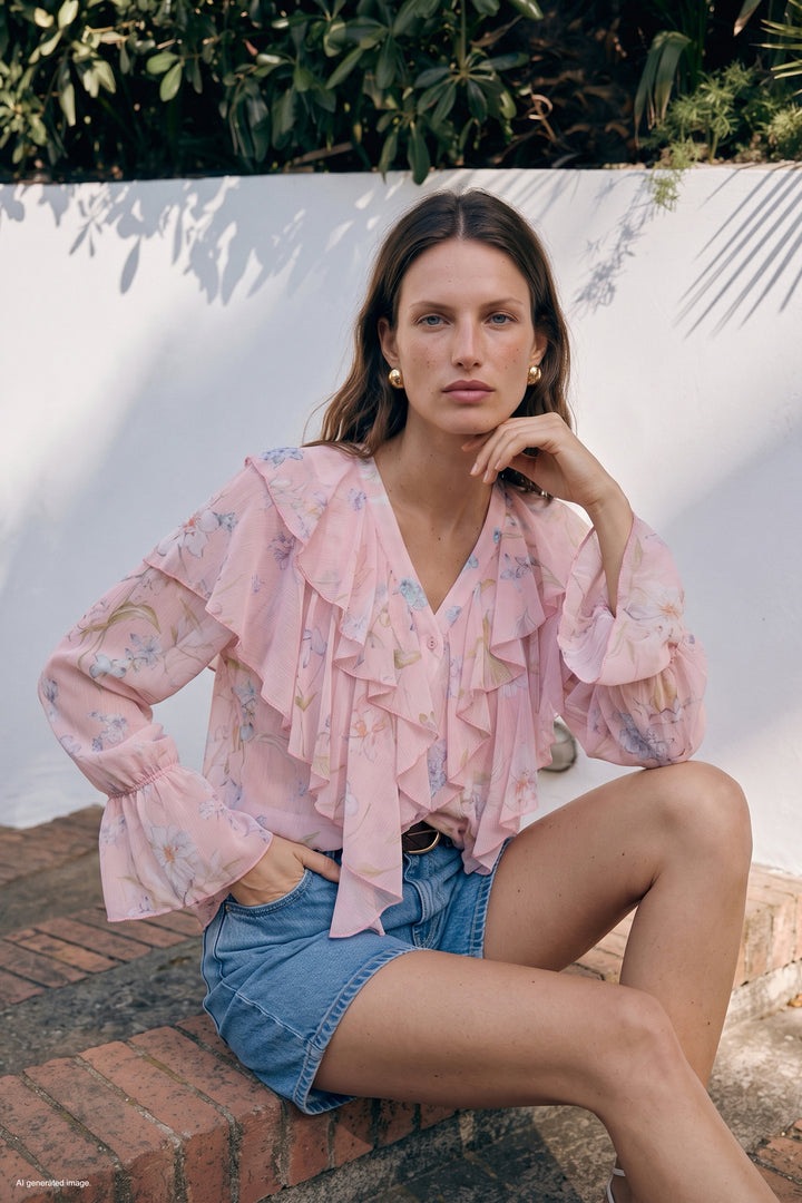 Sateen Chemise à motifs avec volants - Rose
