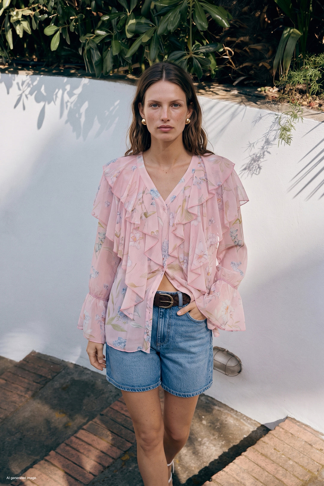 Sateen Chemise à motifs avec volants - Rose