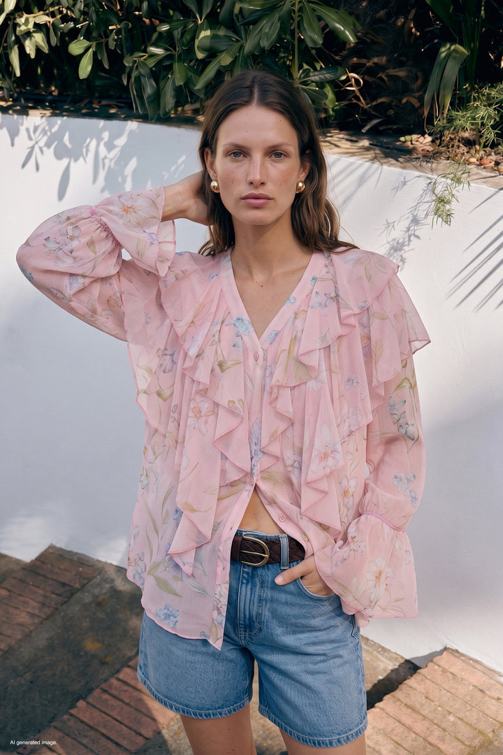 Sateen Chemise à motifs avec volants - Rose