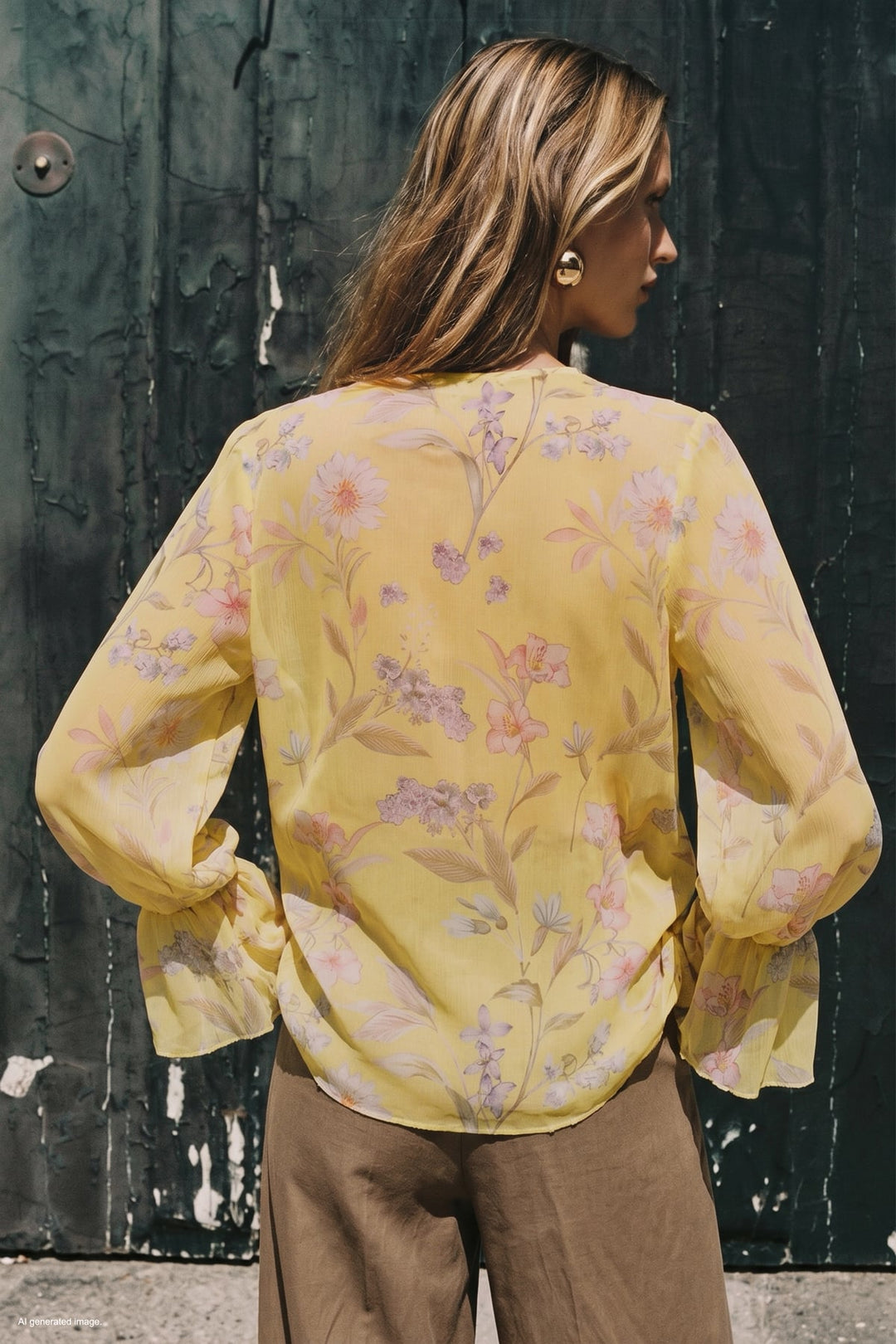 Sateen Chemise à motifs avec volants - Jaune