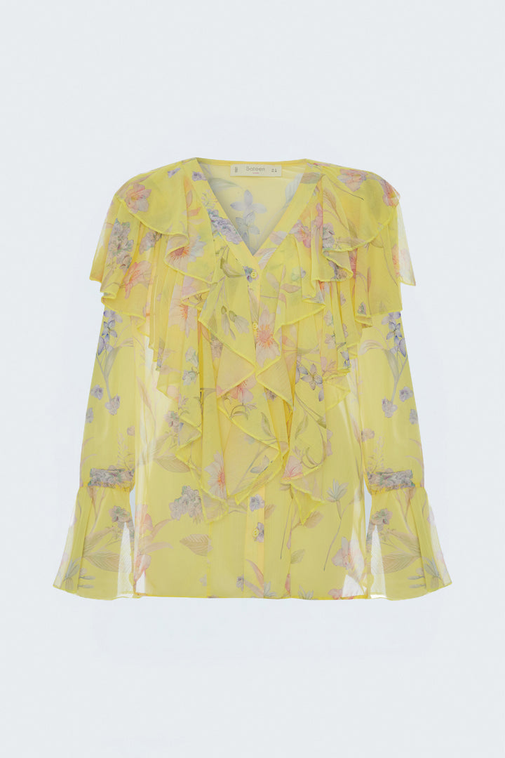 Sateen Chemise à motifs avec volants - Jaune