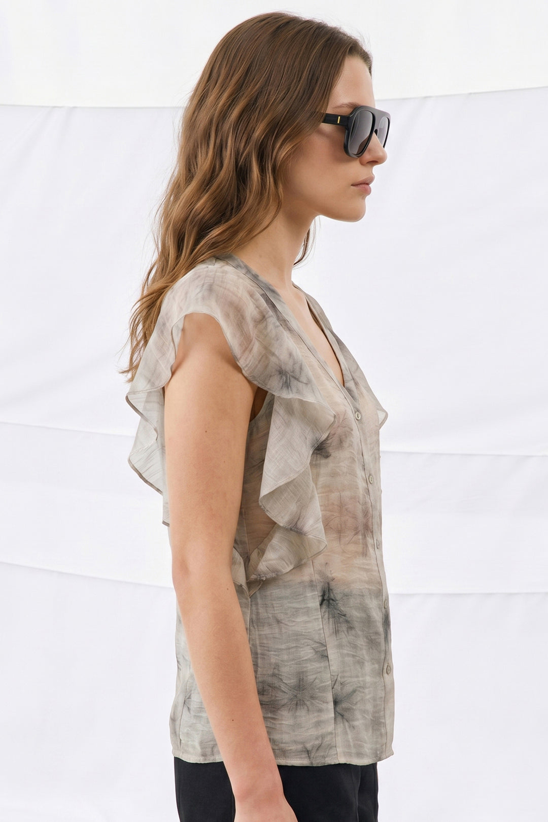 Sateen Chemisier à Détail Volant - Gris