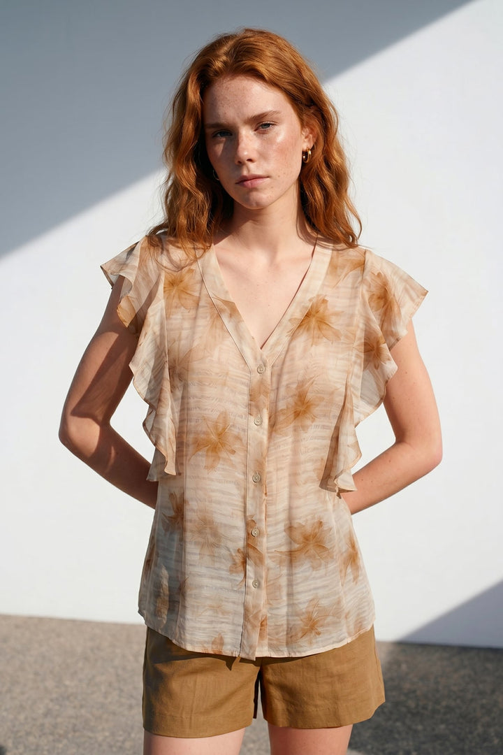 Sateen Chemisier à Détail Volant - Marron
