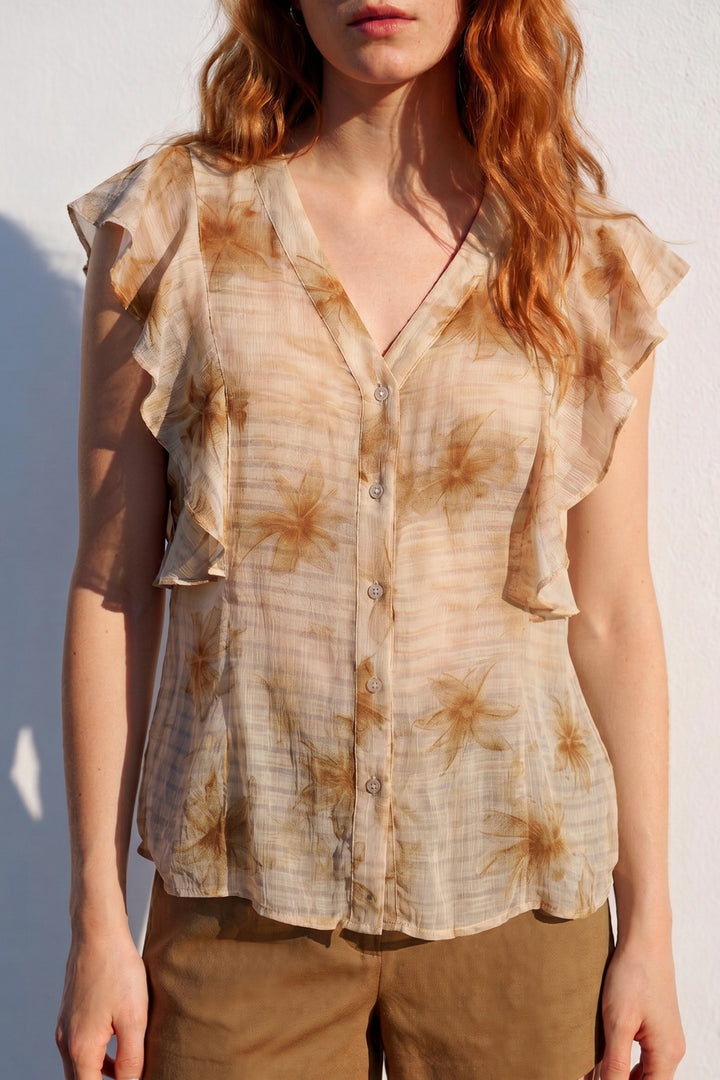 Sateen Chemisier à Détail Volant - Marron