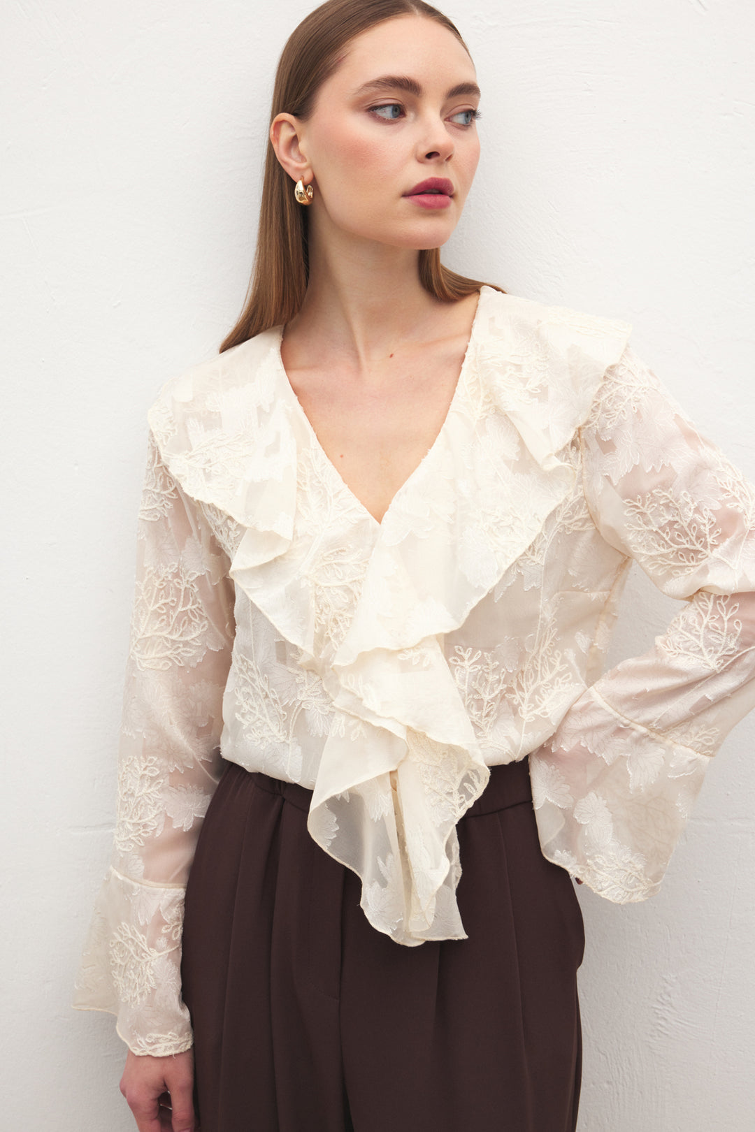 Sateen Chemisier Brodé avec Volants - Beige