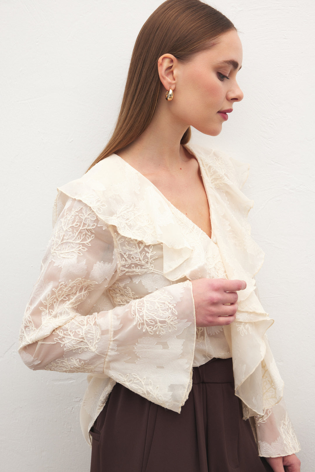 Sateen Chemisier Brodé avec Volants - Beige